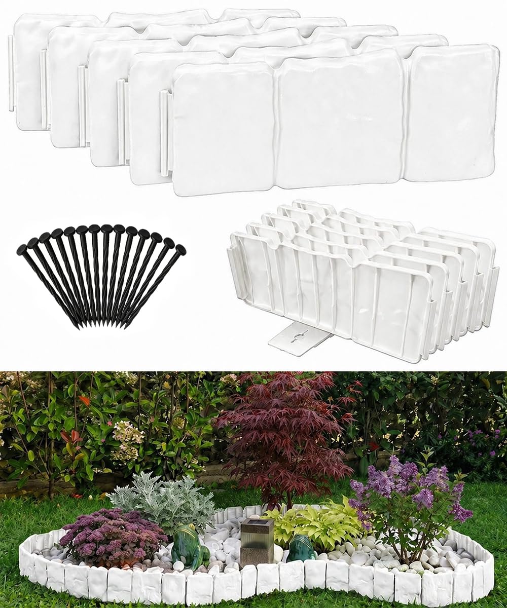 Stone Effect Garden Edging Border, 2.5m/8FT L- 10cm Tall Flexible Plastic Lawn Border Decorative Landscape Edge for Outdoor Tree Yard Path,No Digging Flower Bed Fence with Fixing Stakes-10Pcs White