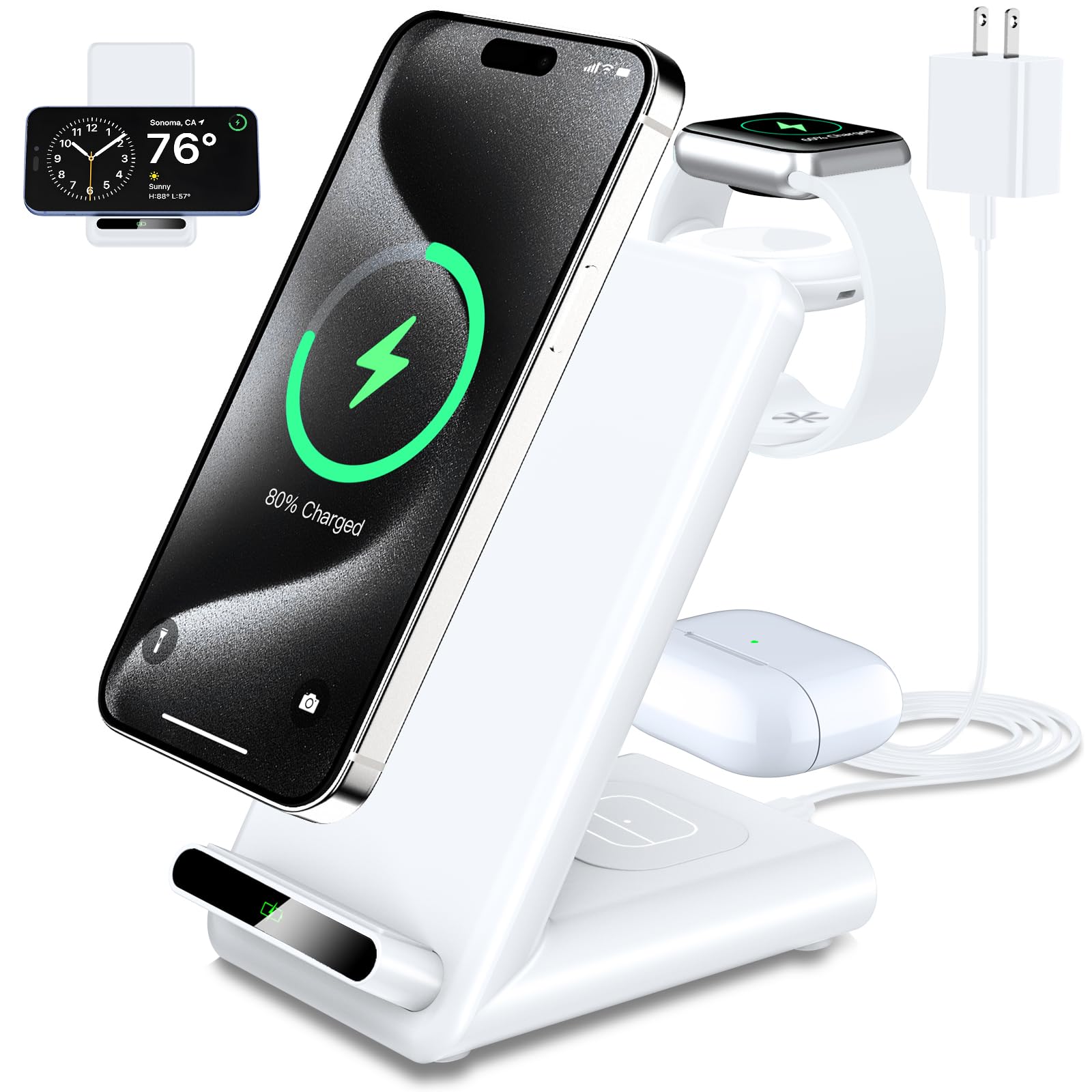 Wireless Charging Station,3 in 1 Wireless Charging Stand Made for Apple Watch Ultra 9 8 7 6 SE 5 4 3,Fast Wireless Charger Made for iPhone 15/Plus/Pro Max/14/13/12/11/X,for AirPods Pro(with Adapter)