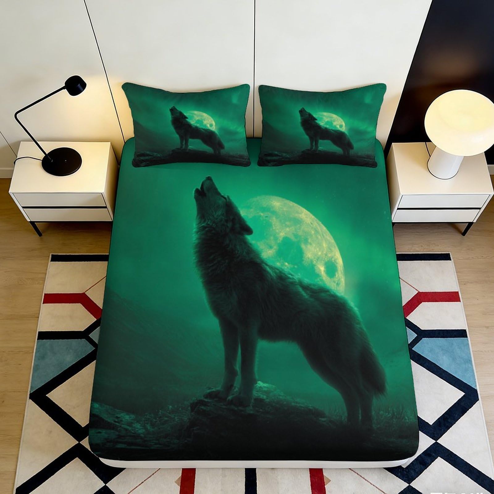 Tjiqhvmrn Style-9 3D Printed Wolf Moon Fitted Sheet Microfiber Deep Pocket Non-Slip Bedroom Bedding Wolf Moon Mattress Fitted Cover Full Wrap Washable For Adults Teens 90X200x25cm