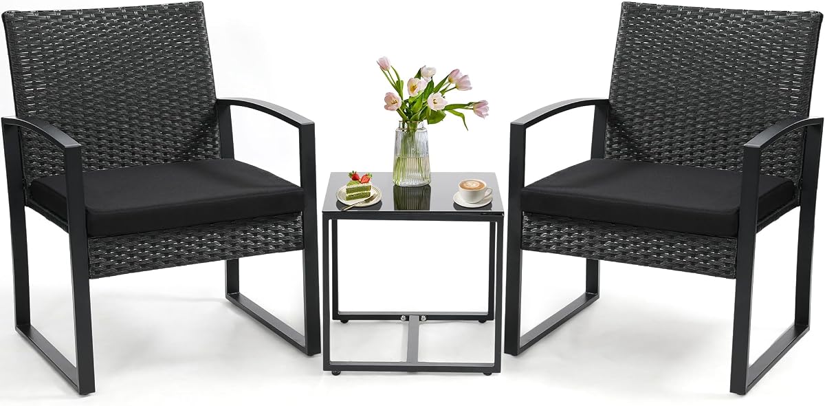 3-Piece Outdoor Wicker Bistro Set, Black/Black | Patio Conversation Set with Coffee Table & Washable Cushions for Porch, Yard, Balcony