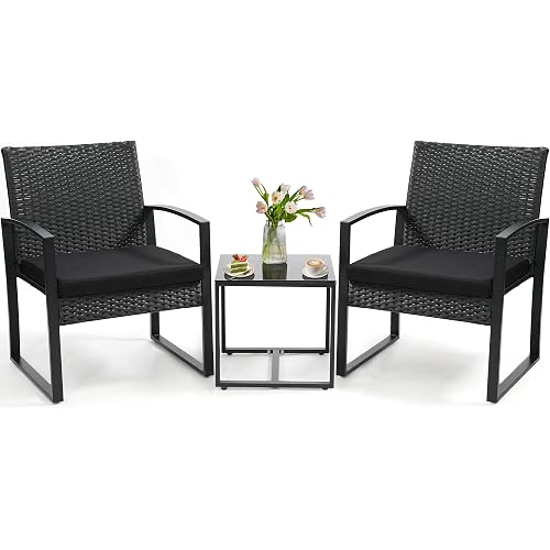 3 Piece Outdoor Wicker Bistro Set, Rattan Patio Conversation Set with Coffee Table & Washable Cushions for Porch Yard Balcony, Black/Black