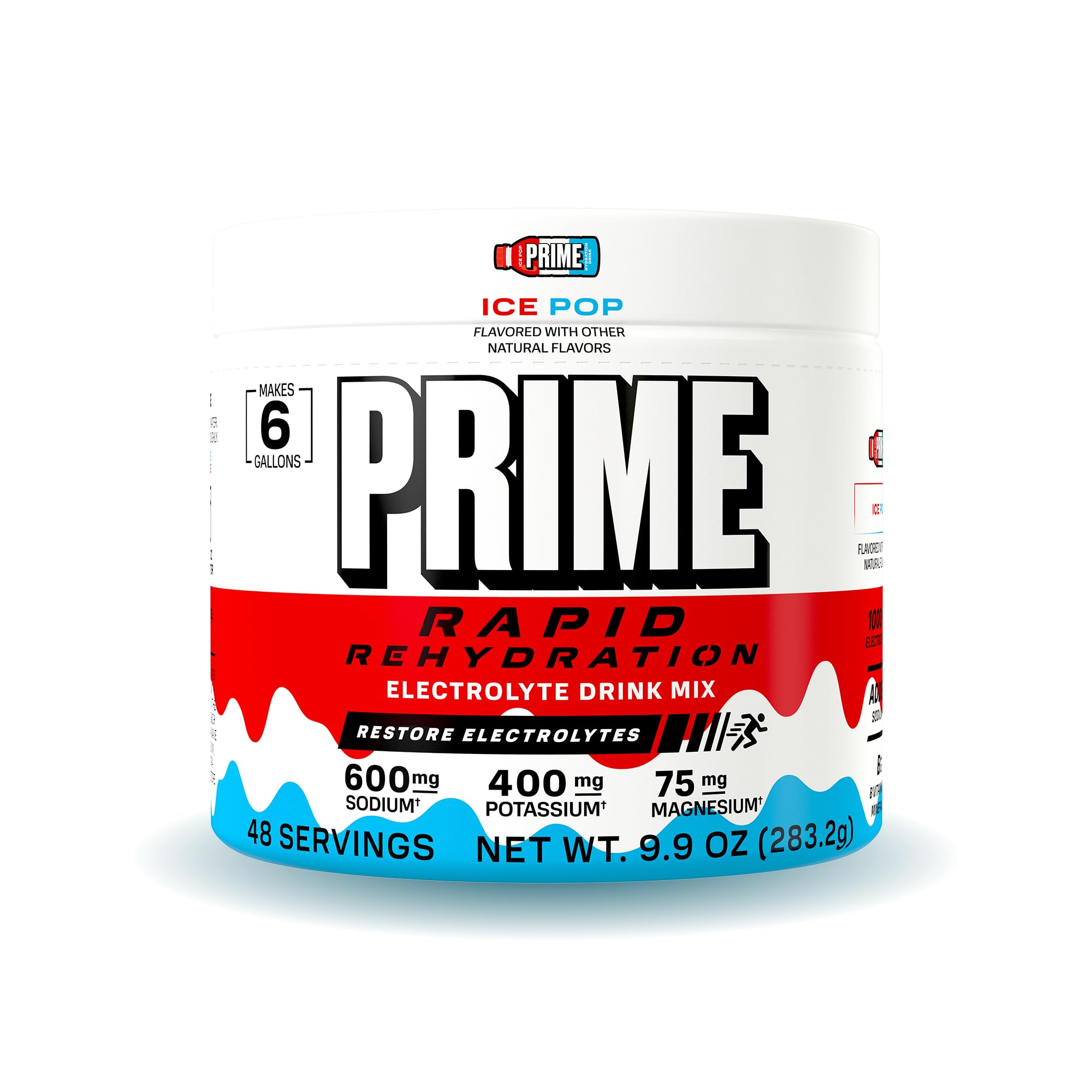 Prime Rapid Rehydration Electrolyte Powder, Ice Pop, Sugar Free Hydration Drink Mix with Sodium, Potassium, Magnesium & B Vitamins to Replenish Fluids, Caffeine Free, 6 Gallon Tub, 48 SRV