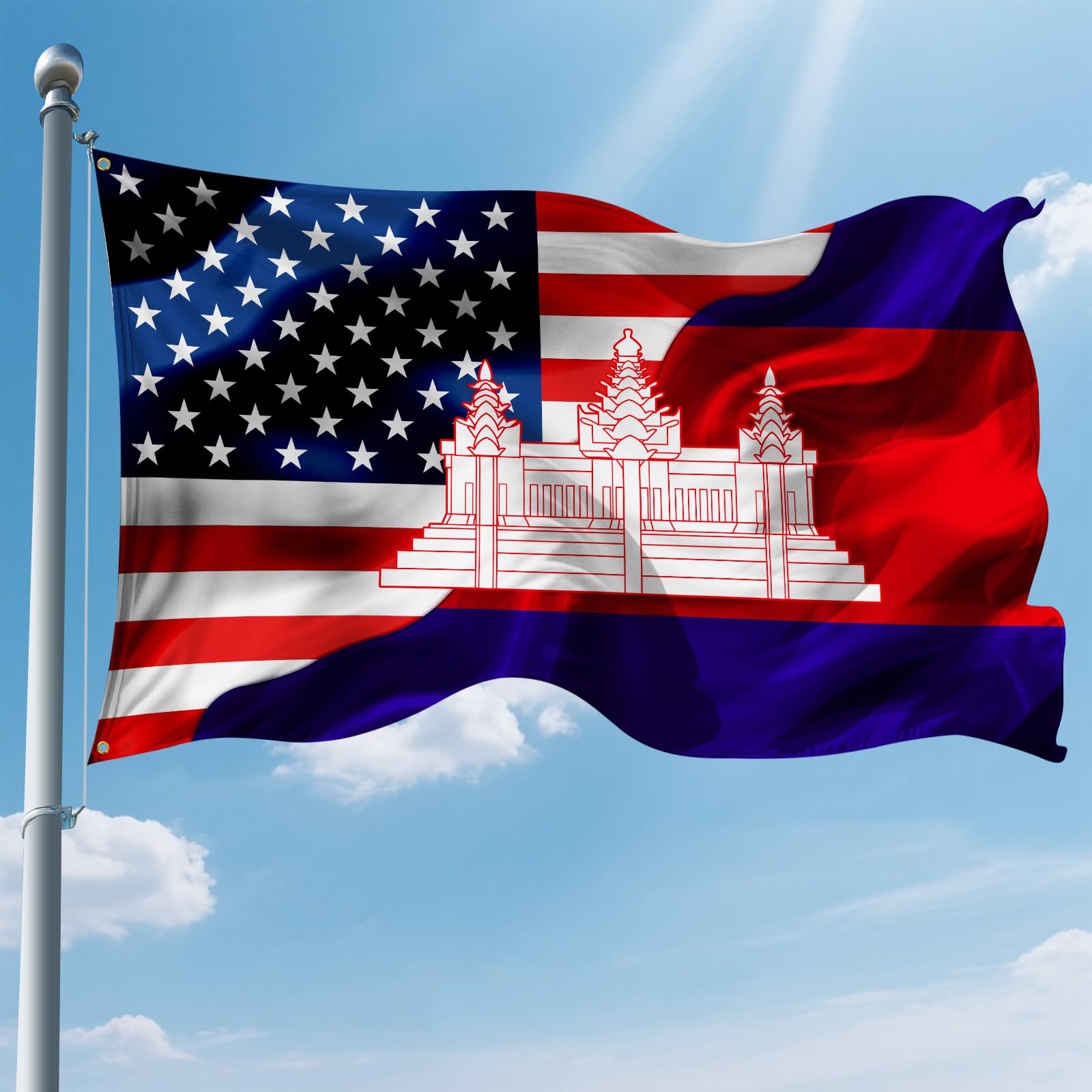 Usa America American And Cambodian Cambodia Flags 3x5 Ft Double-Sided Printed With 2 Brass Grommets Indoor Outdoor Polyester Fabric Decorative Banner 3x5 Foot National Flag For Outside