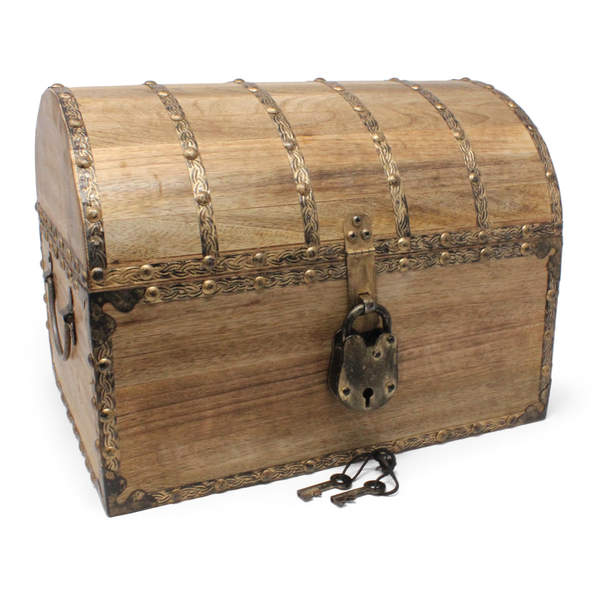 Nautical Cove Antiqued Finished Wood Treasure Chest with Decorative Rivets and Reinforcing Iron Strips with Lock and Skeleton Keys (Large 13x10x10) – Wooden Keepsake Box, Pirate Decor, Storage Chest
