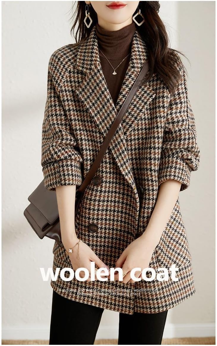 utcoco Womens Notched Lapel Pea Coat Double Breasted Blazer Jackets Houndstooth Woolen Blend Overcoat with Pockets - Image 4