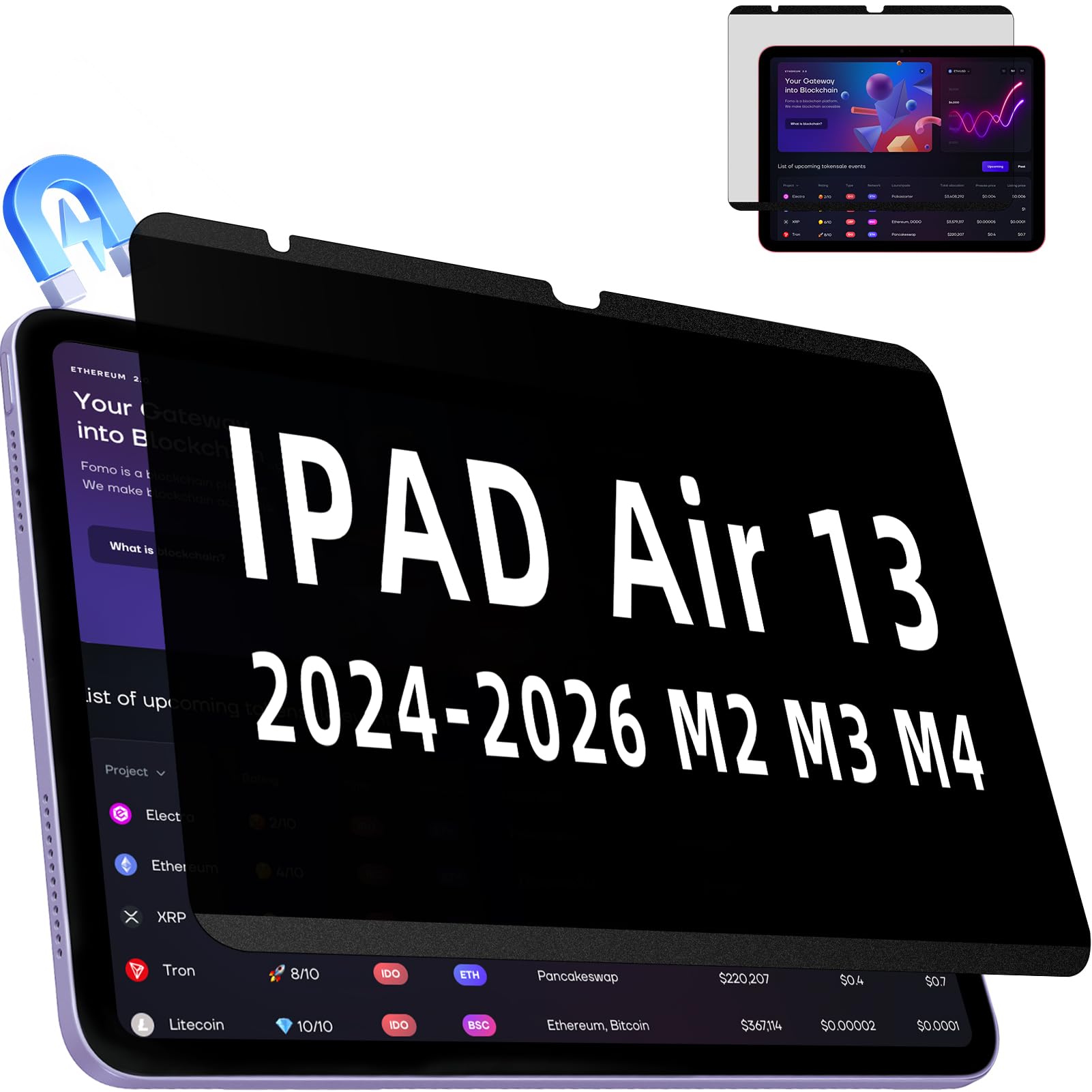 IPROKKO Magnetic Privacy Screen Protector Compatible With iPad Air 13 Inch M4 M3 M2 (2026 2025 2024, 8th 7th 6th), Removable Anti Blue Light Glare Spy Private Filter Black Security Screen Cover for School Office Cafe