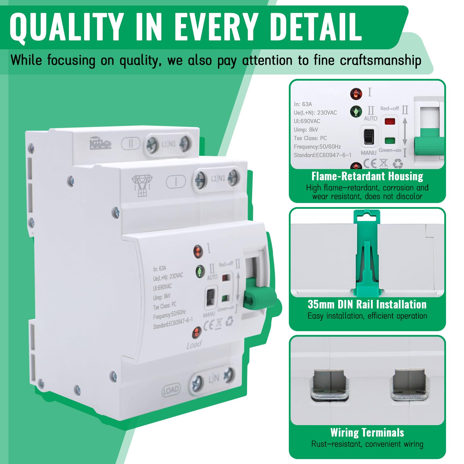 Automatischer Transferschalter, ATS 2P 63A 400V Transferschalter Hutschiene ATS, Dual Power Umschalter Hutschiene, Elektrischer Lastumschalter Für Dreiphasen-Stromversorgung