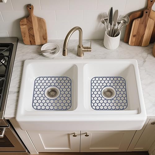 Miniatura 134 de Paquete de 2 tapetes de silicona para fregadero de 13.58 x 11.6 pulgadas, protectores para fregadero de cocina con drenaje central, rejilla Gris