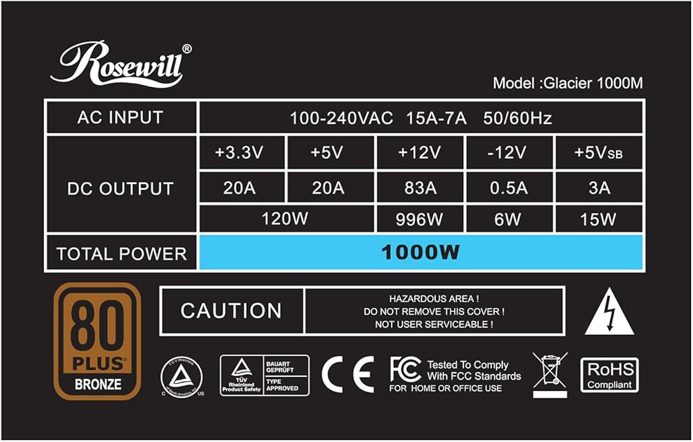 Rosewill Computer Modular Power Supply/PSU, Glacier Series 500 Watt 80 Plus Bronze Certified PSU with Silent 135mm Fan with Auto Fan Speed Control thumbnail 4