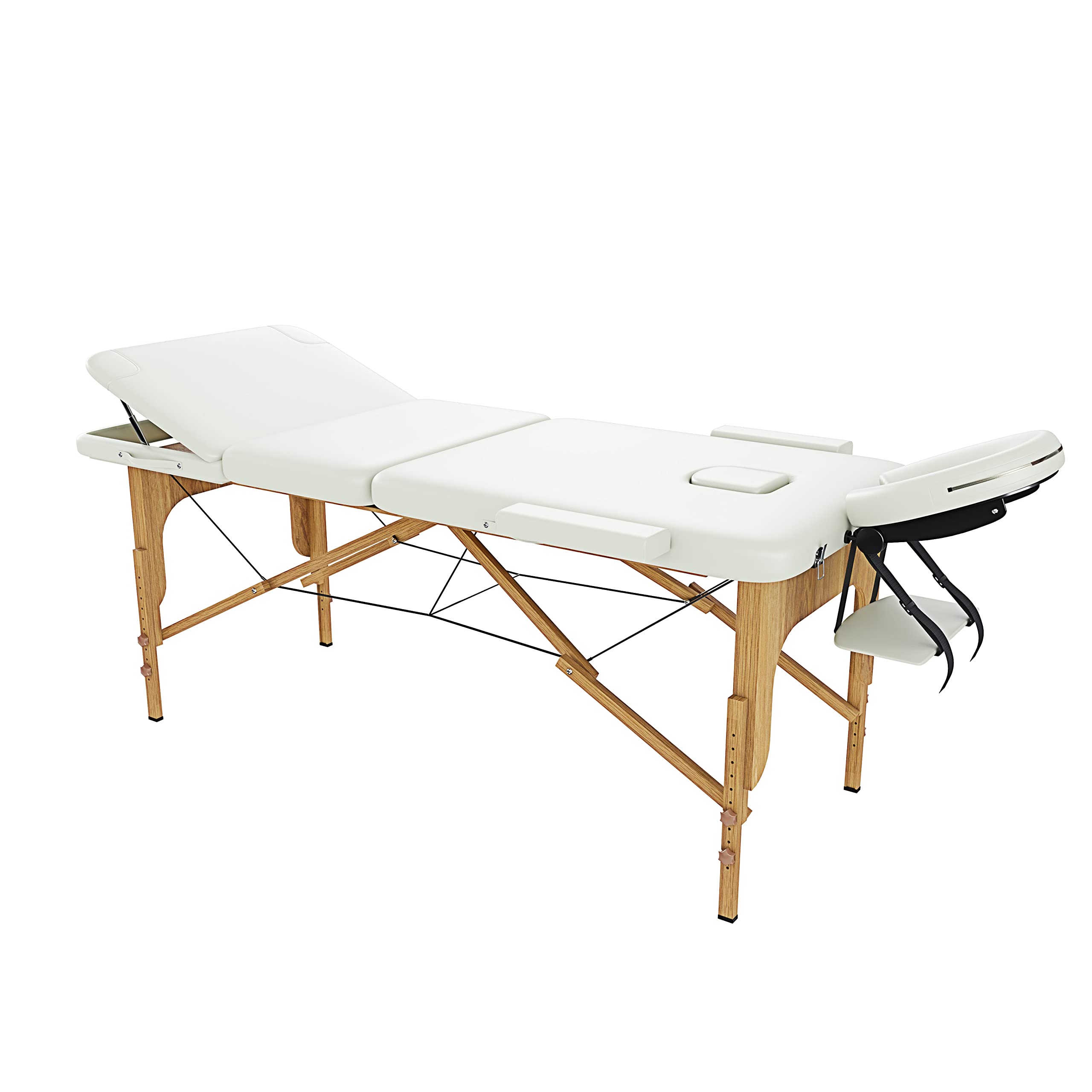 Lettino da Massaggio 3 Zone In Legno Pannello Reiki Angoli Arrotondati Rinforzati Pieghevole Portatile Fisioterapia Estetica Altezza Regolabile Poggiatesta Braccioli Staccabili 210 x 78 cm (Panna)