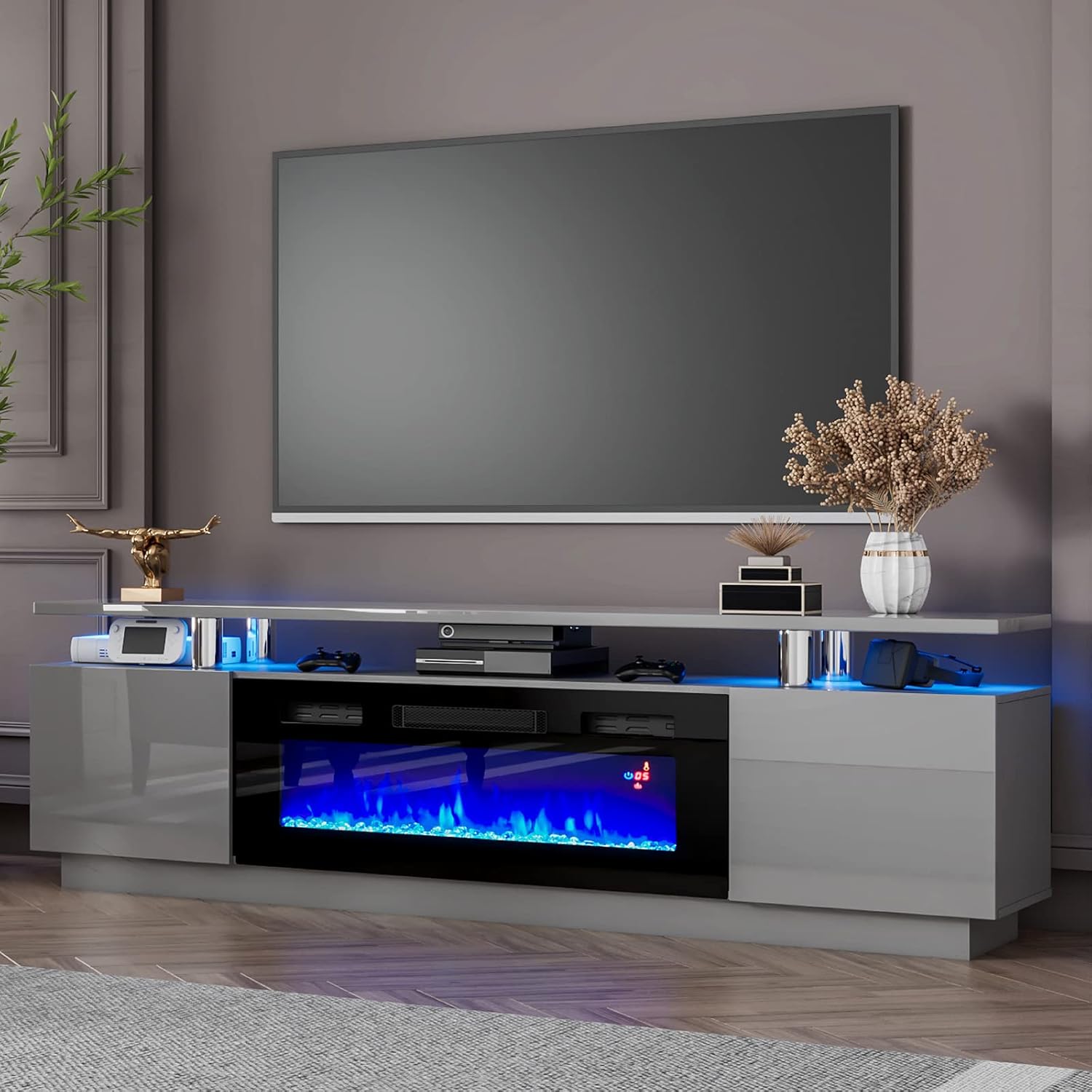 LUXOAK Modern Fireplace TV Stand with 36" Electric Fireplace, Finish Media Console with Open Storage, LED Lights Entertainment Center for TVs Up to 80", Grey