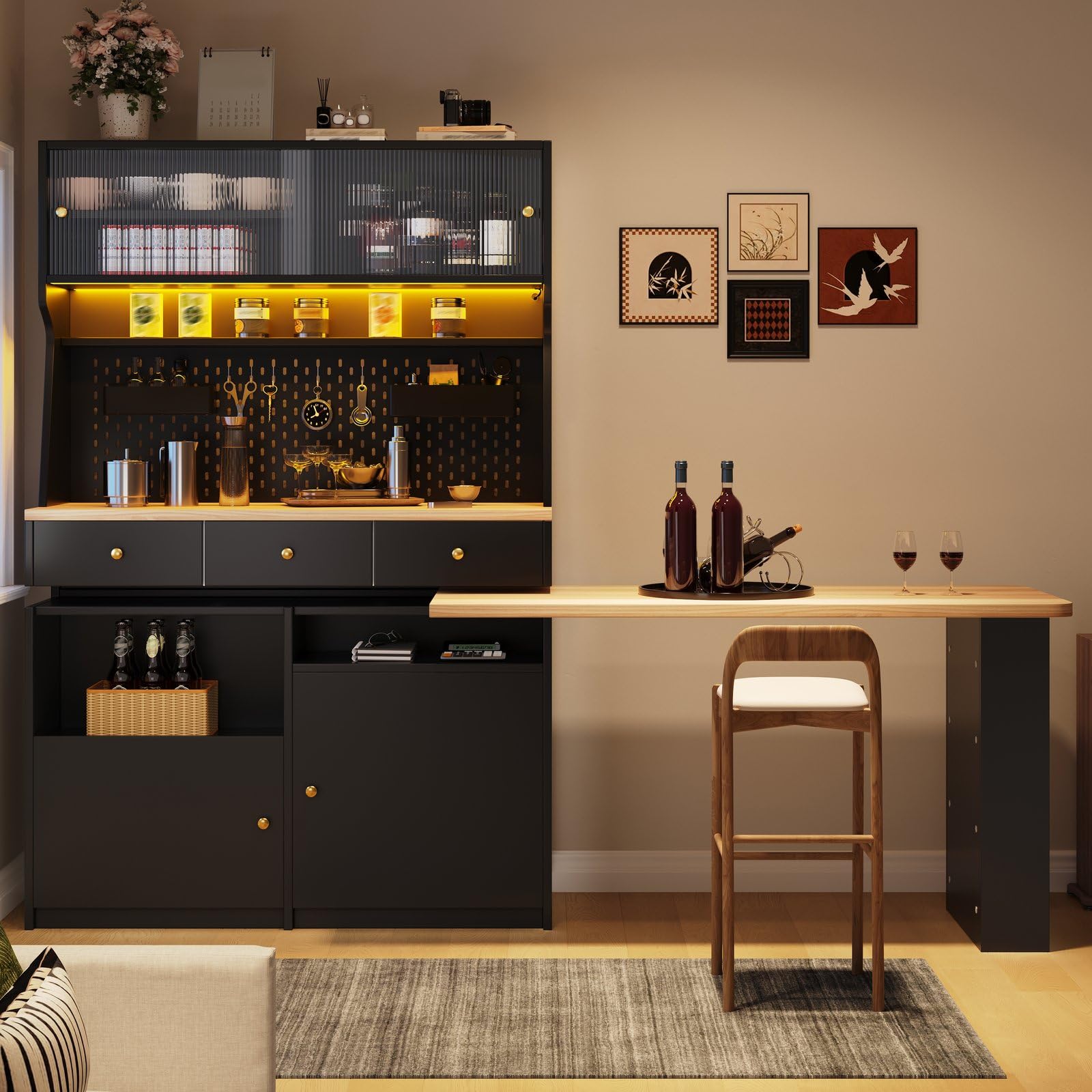 KOMHTOM Buffet Cuisine 137 cm, Vaisselier avec Plan de Travail et LED