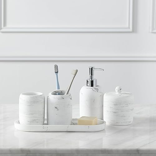 Bathroom Accessories Set, 5-Piece Resin Bath Accessory Complete Set with Lotion Dispenser/Soap Pump, Cotton Jar, Tray, Tumbler and Toothbrush Holder (Marble Look)