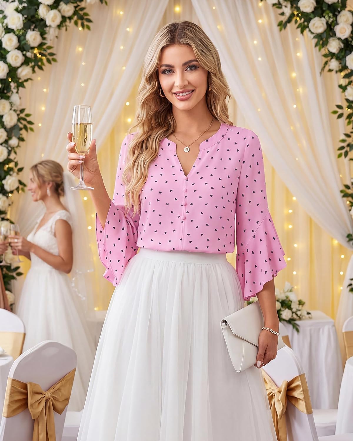 Bebonnie Womens Tops Dressy Casual Ruffle 3/4 Sleeve Henley V Neck Chiffon Blouses with Buttons - Image 4