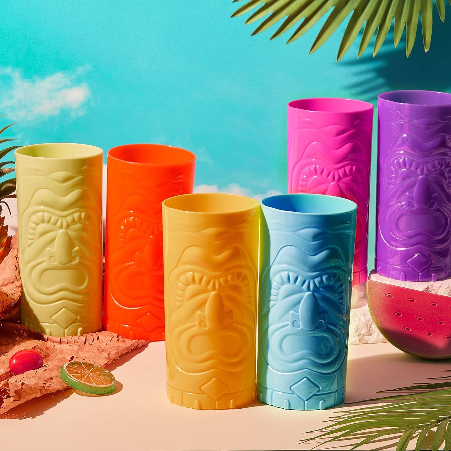 Patelai 12 Pcs Plastic Tiki Cups 24 oz Luau Mug Summer Hawaiian Party Decorations for Drinking Bar Cocktail Tumblers Tropical Beach Tiki Totem