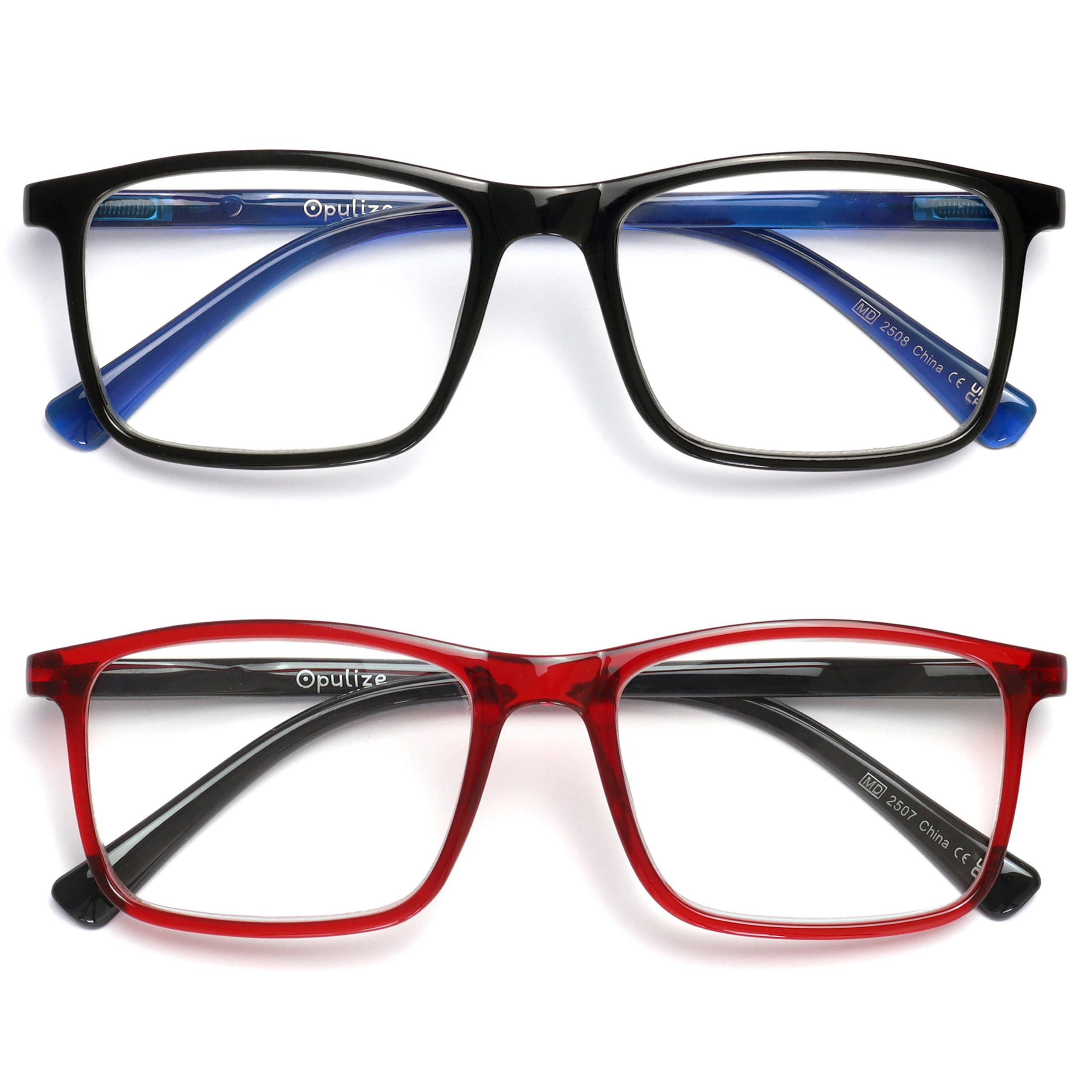 OPULIZE INK Reading Glasses - Value 2 Pack - Large Rectangular Frame - Spring Hinges - Scratch Resistant - Black Red - Mens Womens +2.50