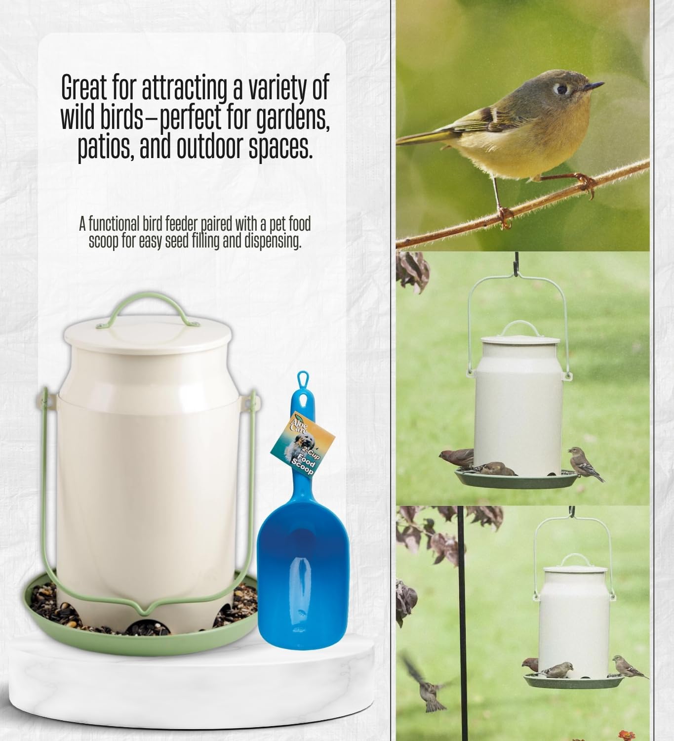 Perky-Pet - Cubo de Leche de Metal para pájaros Silvestres de 5 Libras, Paquete de 5 Puertos con Cuchara de Comida para Mascotas, comedero enjaulado de Gran Capacidad Que Ayuda a disuadir pájaros y