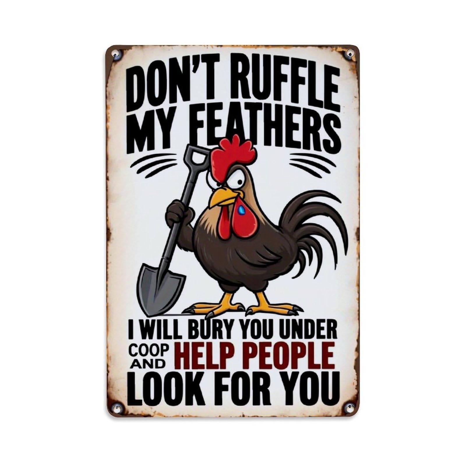 Jdfenggu Vintage Rooster Holding Shovel Warning Sign Retro Metal Tin Sign, Decor Art Poster For Bar, Home, Man Cave, Kitchen, Laundry Room Gift 8X12inch