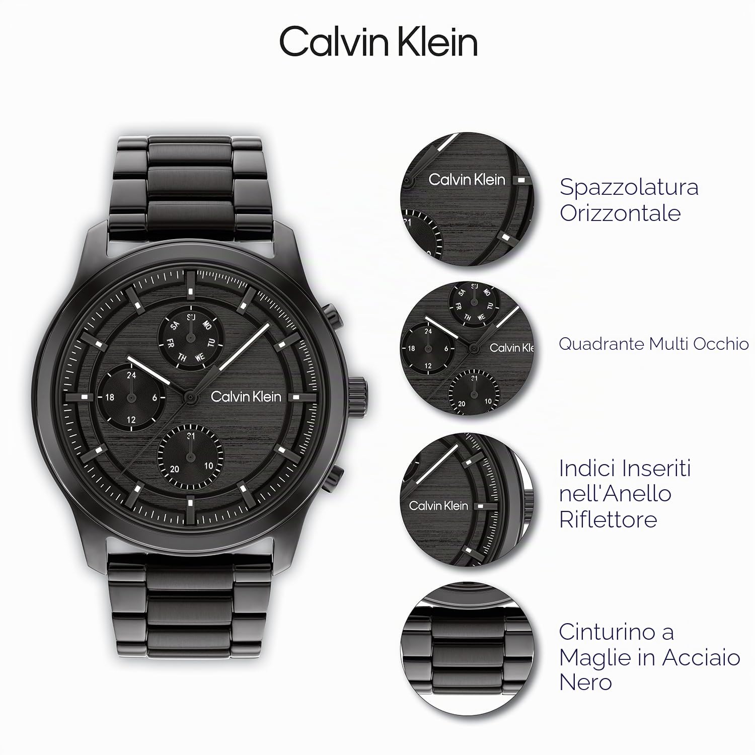 Calvin Klein Orologio analogico multifunzione al quarzo da uomo con cinturino in acciaio inossidabile o in pelle