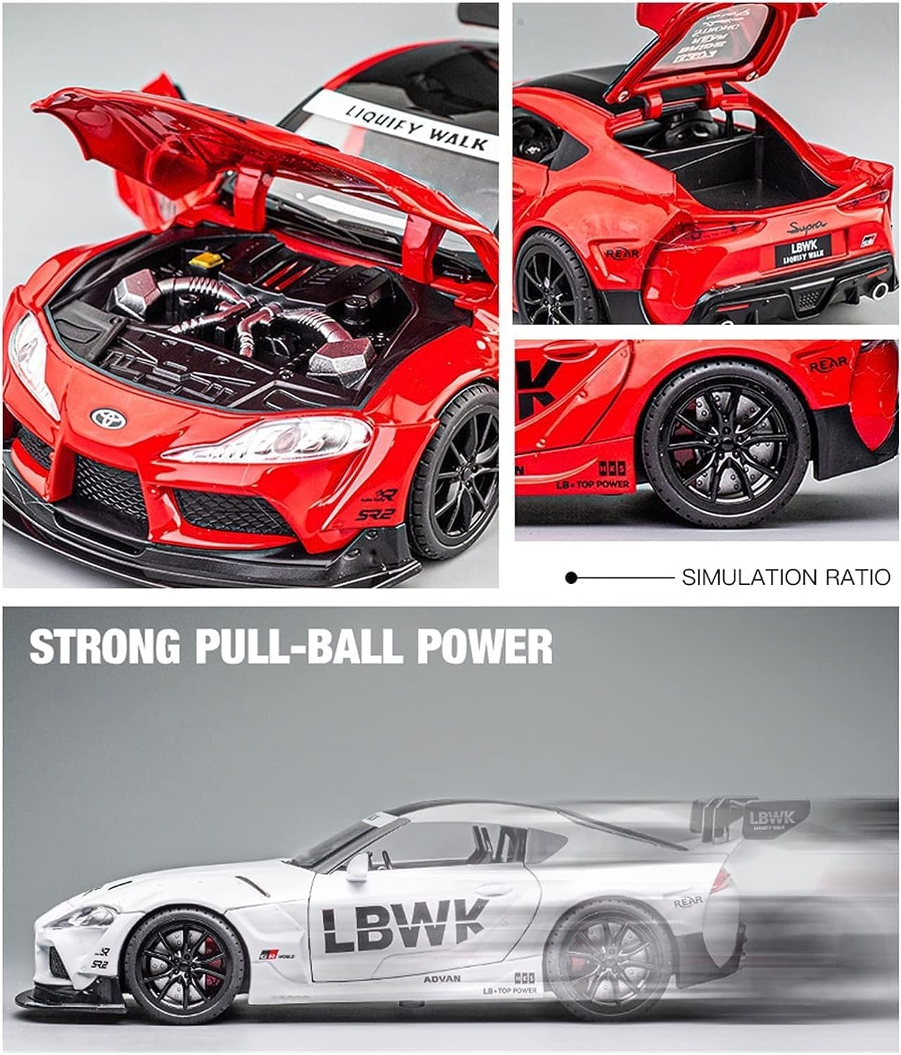 FUNABLO 1/22 Scale Toyota Supra GR LBWK Diecast Metal Model Car, Pull Back Toy Car with Openable Doors, Light & Music, Big Size Alloy Car Toy for Kids Boys, Best Gift Toy Vehicle (red)