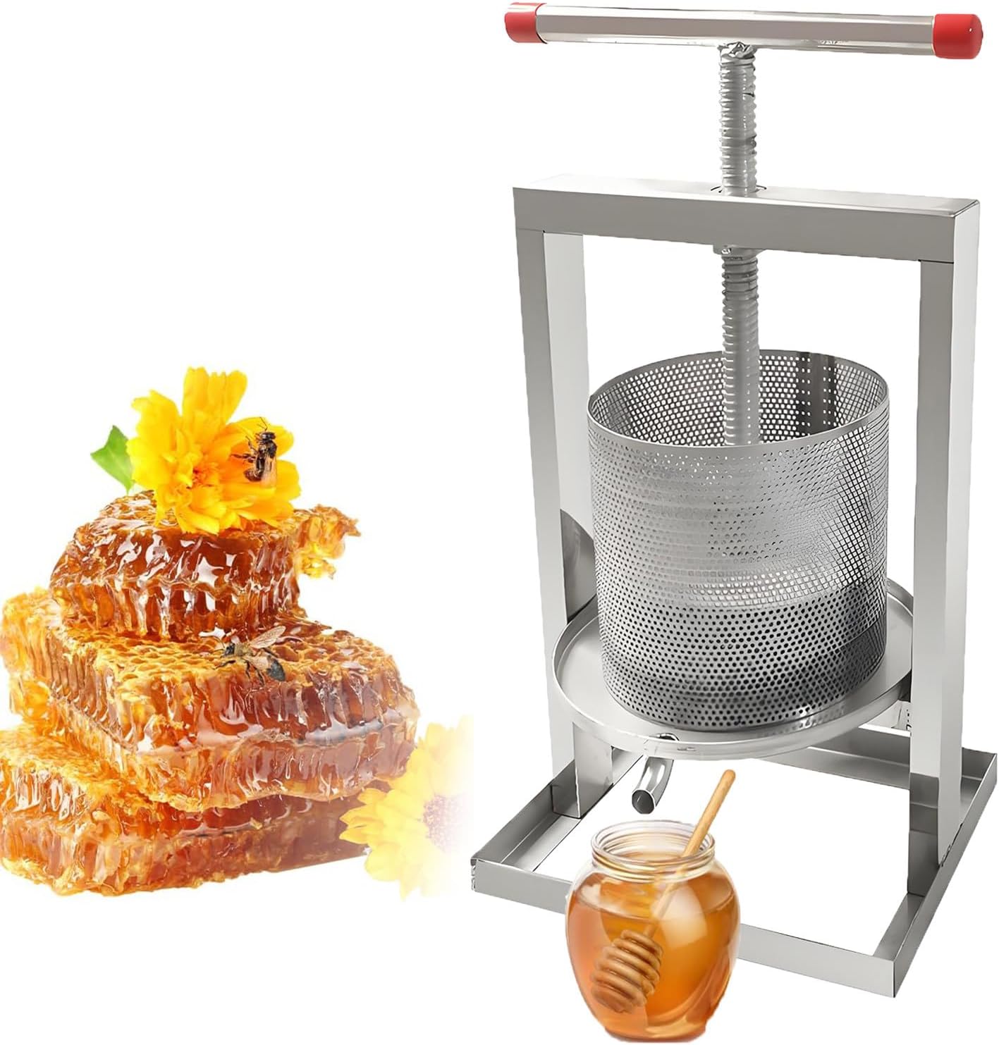 Manual Honey Press Manual Juicer Squeezer Removable with T-Handle and Stainless Steel Net Barrels for Grape Vegetables Homemade Juice Cheese Tincture Herb Olive Oil Honey Making 8L