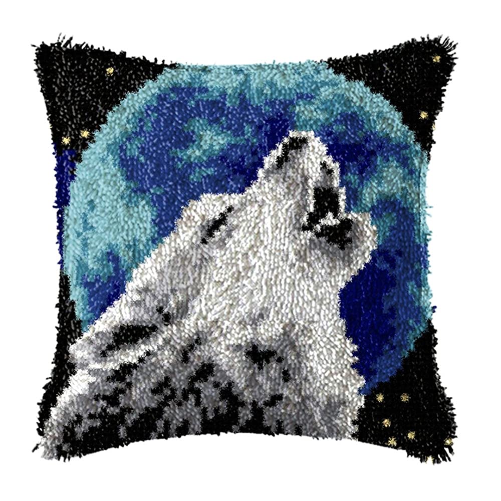 DL-YTG Latch Hook Kits Pillow Wolf Crochet Yarn Cushion Colour Printed Canvas Rug Needlework DIY Pillowcase Hook and Latch Kit Arts Crafts Christmas Home Sofa Decoration 42x42cm/16X16in