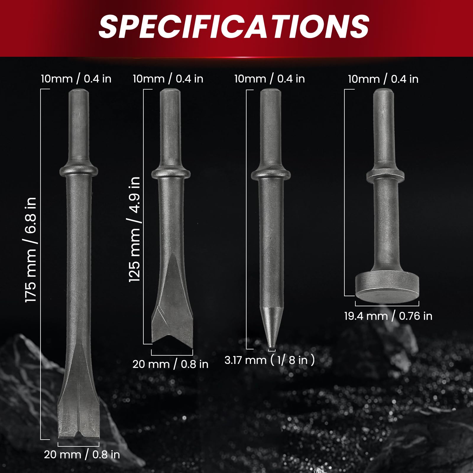 9 Pcs Air Hammer Pneumatic Chisels Tools 0.401'' (10mm) Shank — Amazon image 3