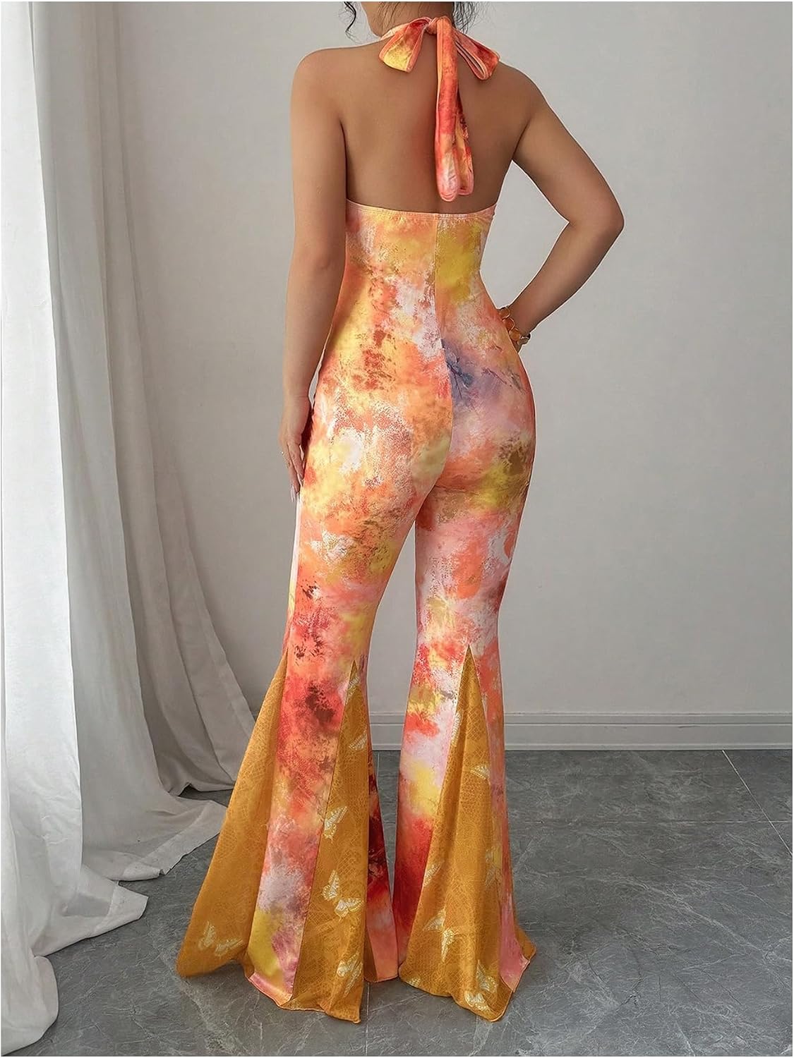 Milumia Women's Halter Jumpsuit Tie Dye Sleeveless Backless Flare Pants One Piece Jumpsuits Summer