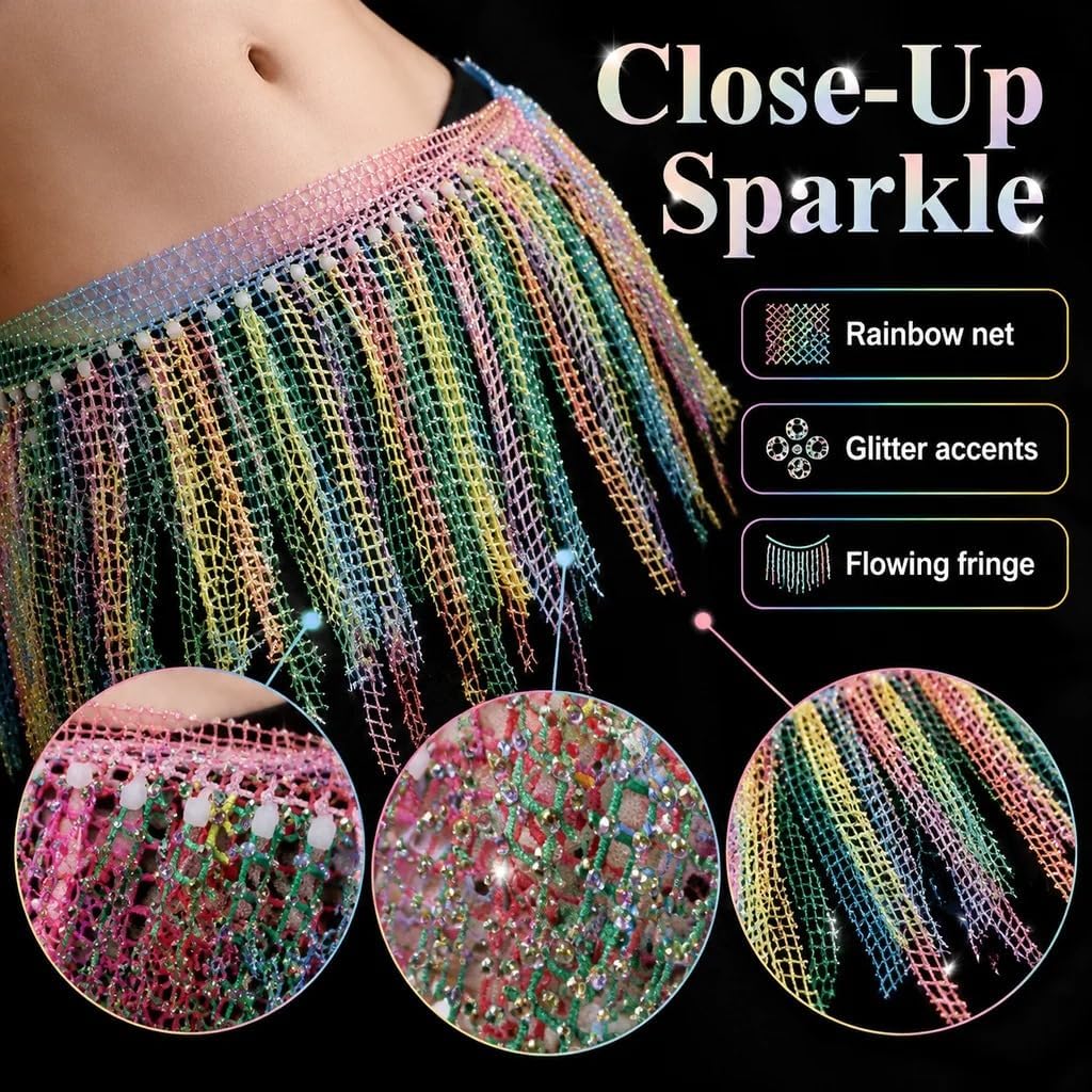 Women Belly Dance Waist Chain Colorful Rhinestone Mesh Hip Scarf Fringe Skirt Festival Performance Waist Belt