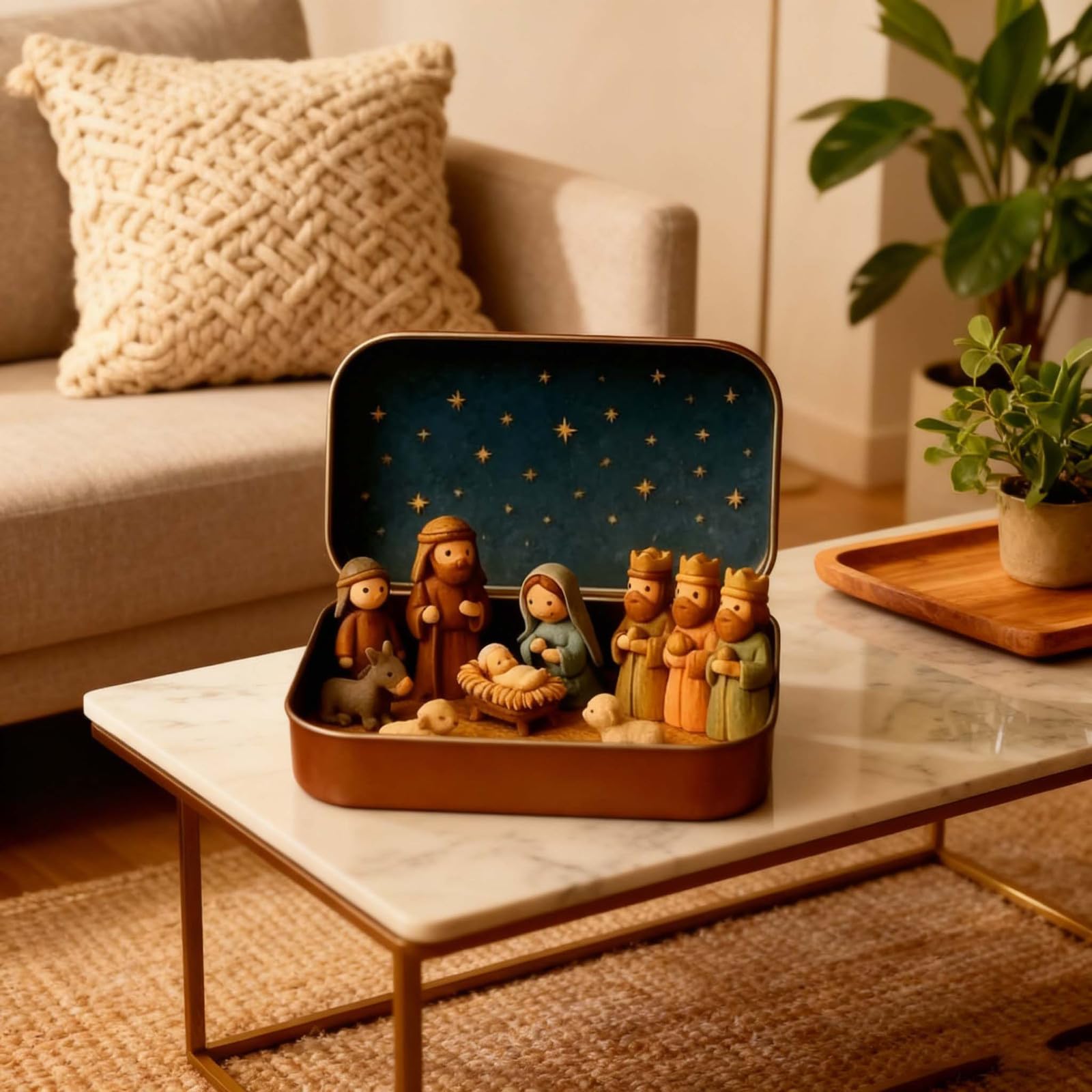 Weihnachtskrippe Set in einer Blechbox, tragbare Weihnachtsszene Dekoration, Familie Jesus Ornament für Zuhause Schreibtisch Kirche Dekor, perfekt