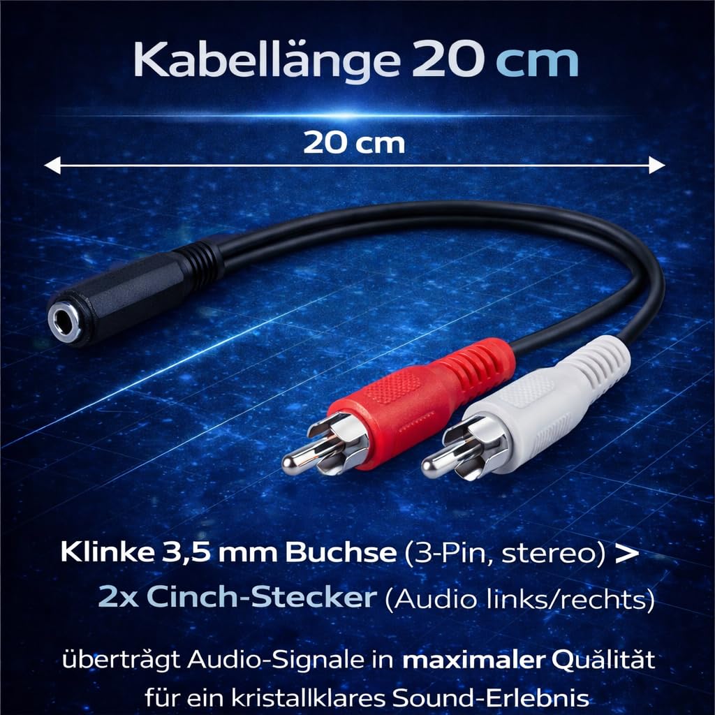 Adapter audio | 20 cm | gniazdo jack 3,5 mm na 2 x wtyk cinch | adapter stereo Y RCA złącze cinch laptop tablet smartfon | czarny