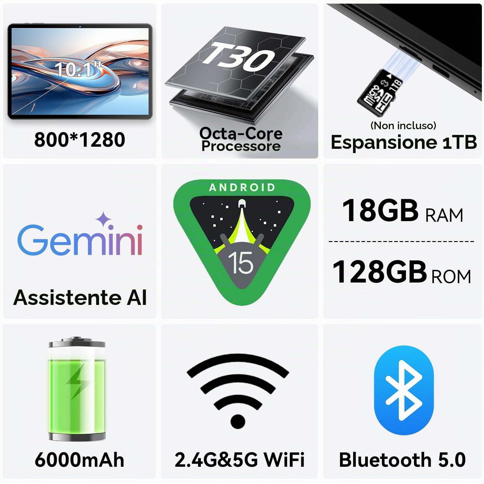 Tablet Android 15 da 10,1 pollici, 18GB RAM (6+12) 128GB ROM, T30 Octa-Core, espandibile fino a 1TB, WiFi 6, batteria da 6000mAh, display HD IPS 1280×800, GPS, Widevine L1, Tablet con Gemini AI, Nero