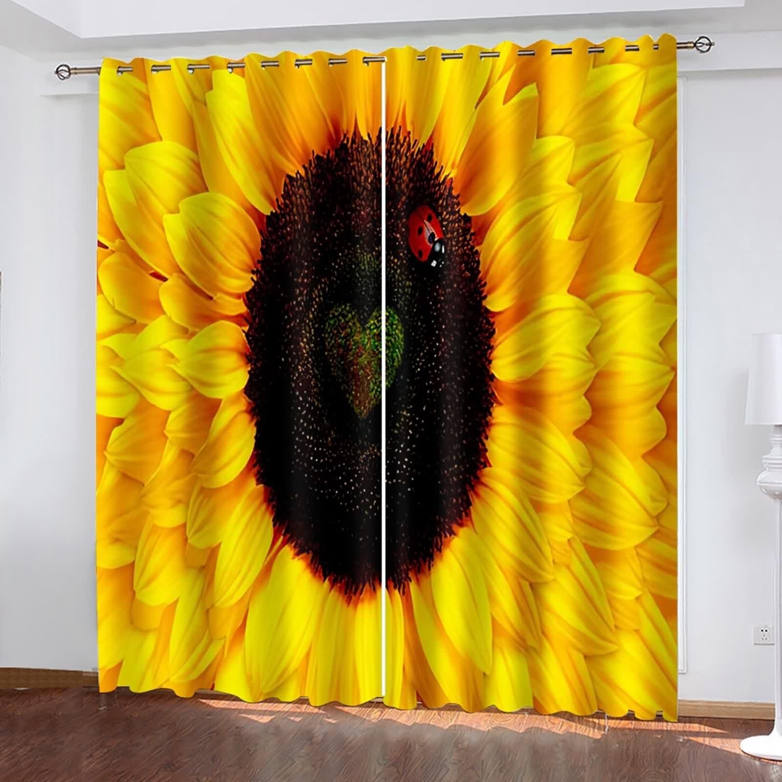 Zasłona zaciemniająca do okna do sypialni, zasłony do salonu żółty czarny poliester słonecznik 214L x 229H CM Zestaw 2 szt