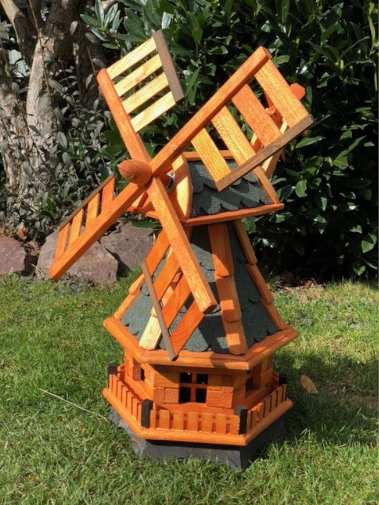 dekorative handgefertigte Garten Windmühle aus Holz kugelgelagert I imprägniert in Braun I wetterfest I Windrad hinten am Kopf I Größen (Grün L)