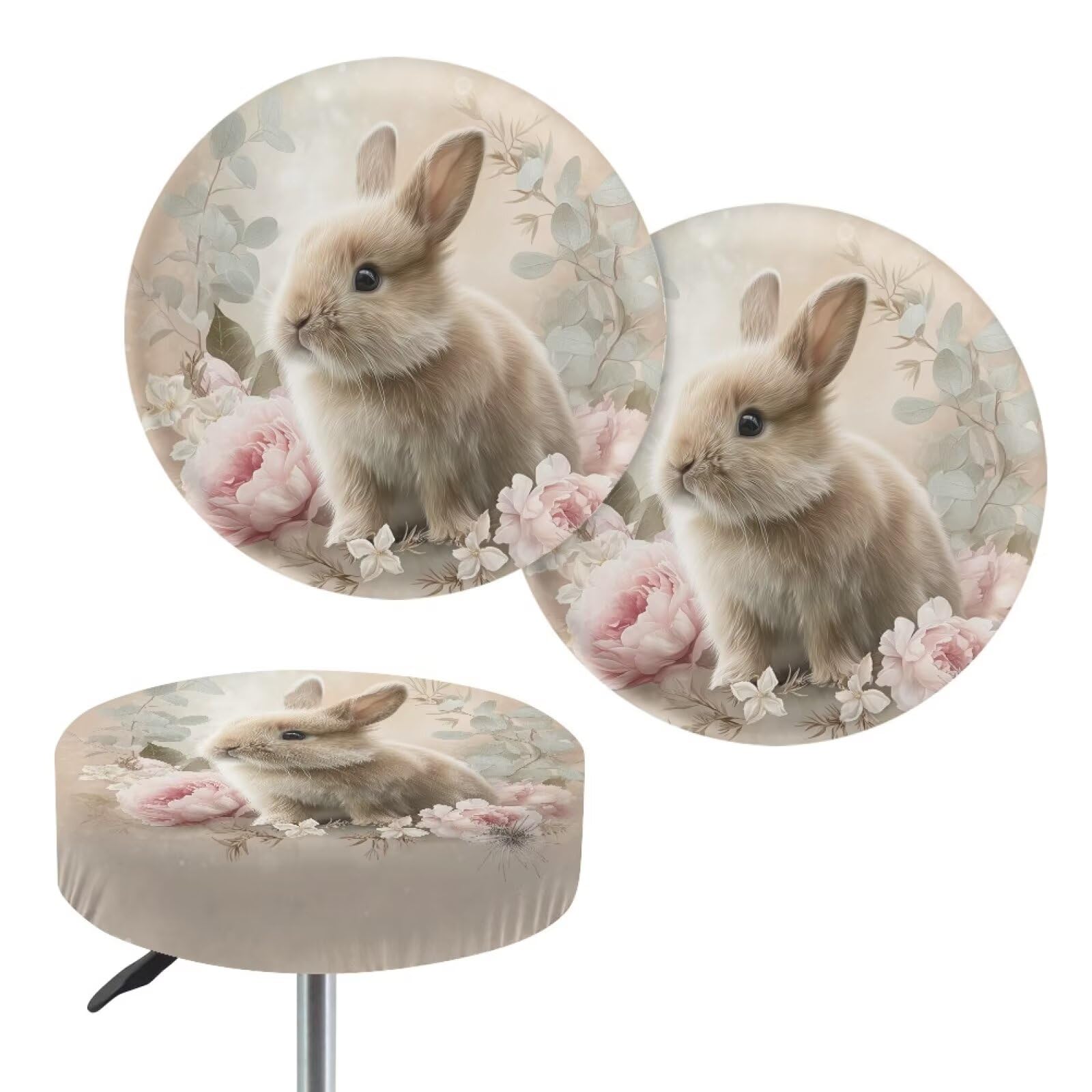 Wanyint Stool Covers Round 12-14 Inch Breathable Irish Bar Stool Cover Vanity Seat Cover Saddle Stool Cover for Home Bar Office Easter Decor, 2 Count, Retro Bunny Flower Leaf — image 1