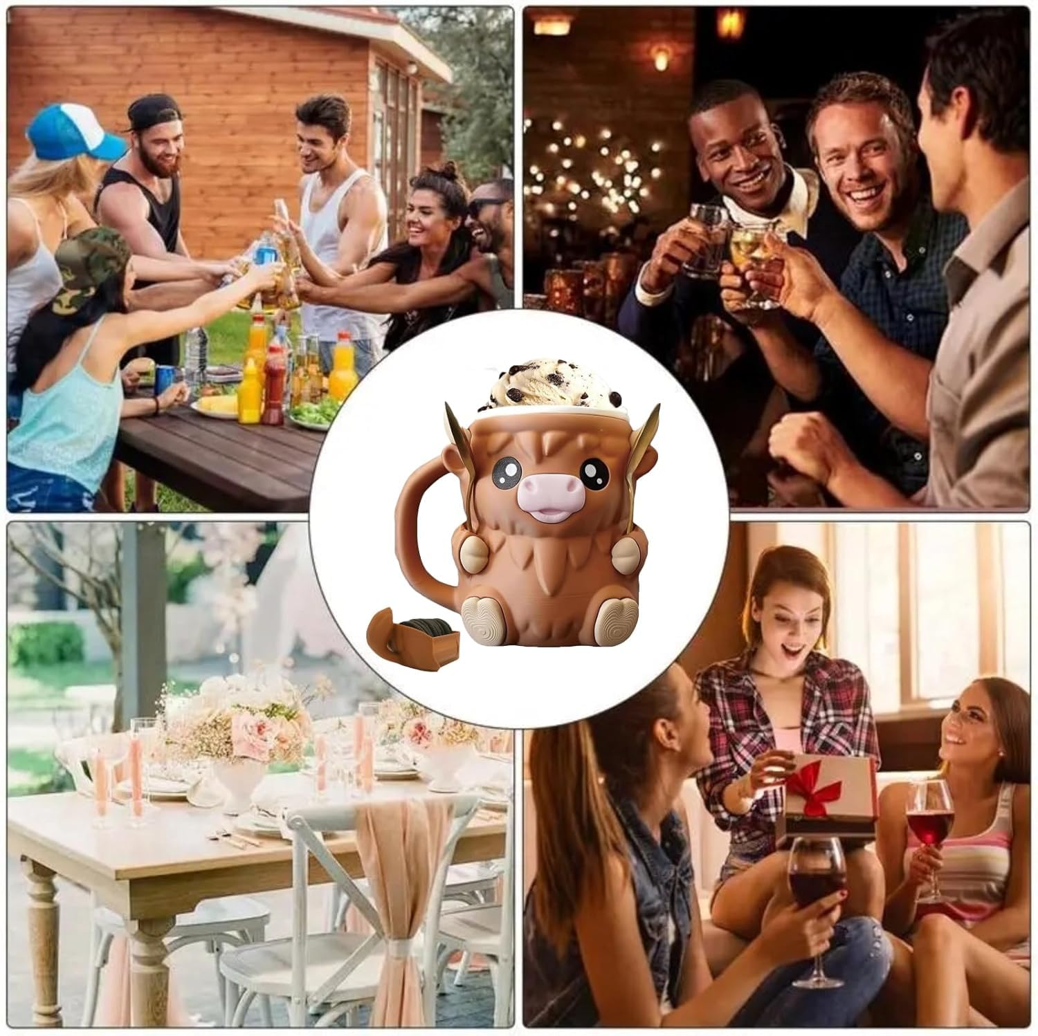 Highland Cow Ice Pint Holder, tazza per gelato con cucchiaio, riutilizzabile, protezione antigoccia per ragazzi e ragazze (C) (A)
