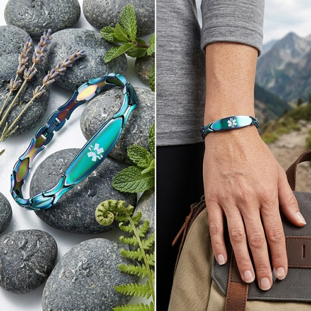 LinnaLove Medical Alert Bracelet - Custom 316L Stainless Steel, Waterproof | Aurora Green Medical id bracelet for women with Free Customize Engraving