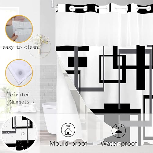 Miniatura 6 de Emwnodti Juego de cortinas de ducha sin gancho en blanco y negro con forro a presión, diseño geométrico moderno de arte transparente con ventana,