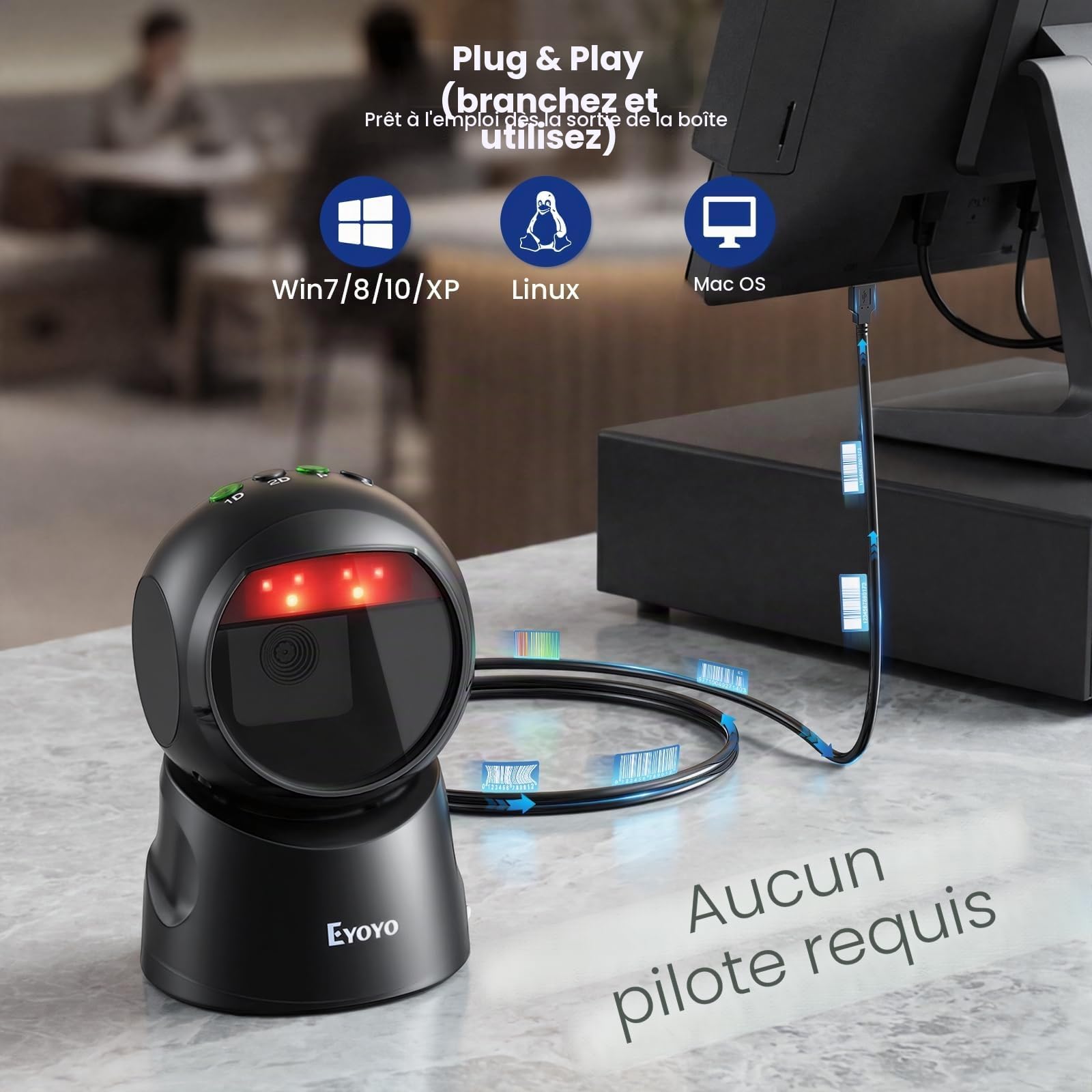 Eyoyo Lecteur Codes Barres 1D 2D, USB Câblé Plateforme Barcode Scanner | Écran de numérisation, Plug and Play, Balayage Automatique, pour Supermarchés, entrepôts et librairies