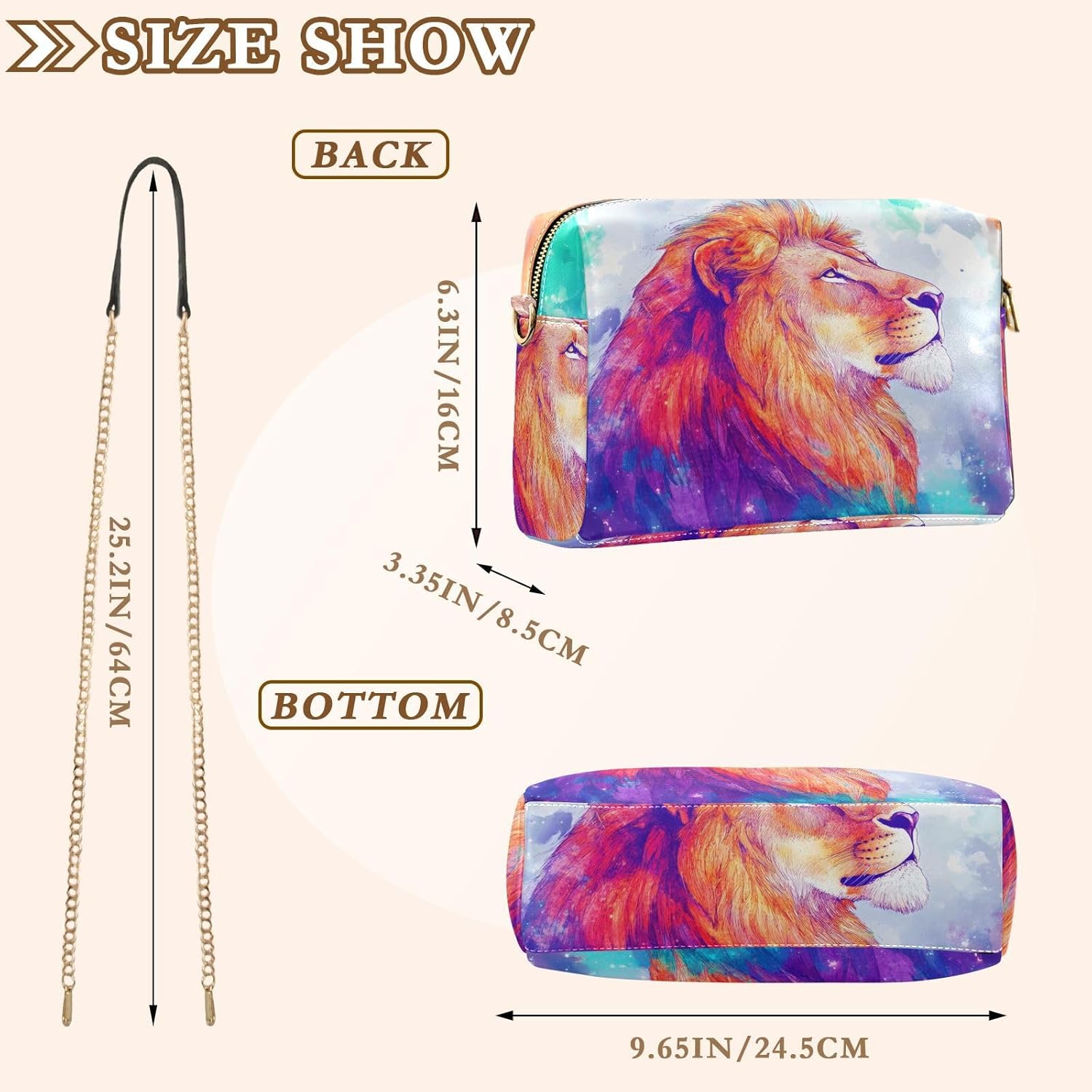 Women Crossbody Bag Shoulder Handbag Cellphone Purse PU Leather Metal Chain Strap Water Resistant Zipper Closure Lion Fantastic Print