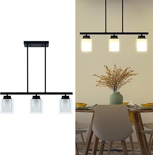 DuMaiWay Lámpara colgante industrial para isla de cocina, 3 luces, moderna, doble pantalla de vidrio, rústica, granja, lámpara colgante para bar,
