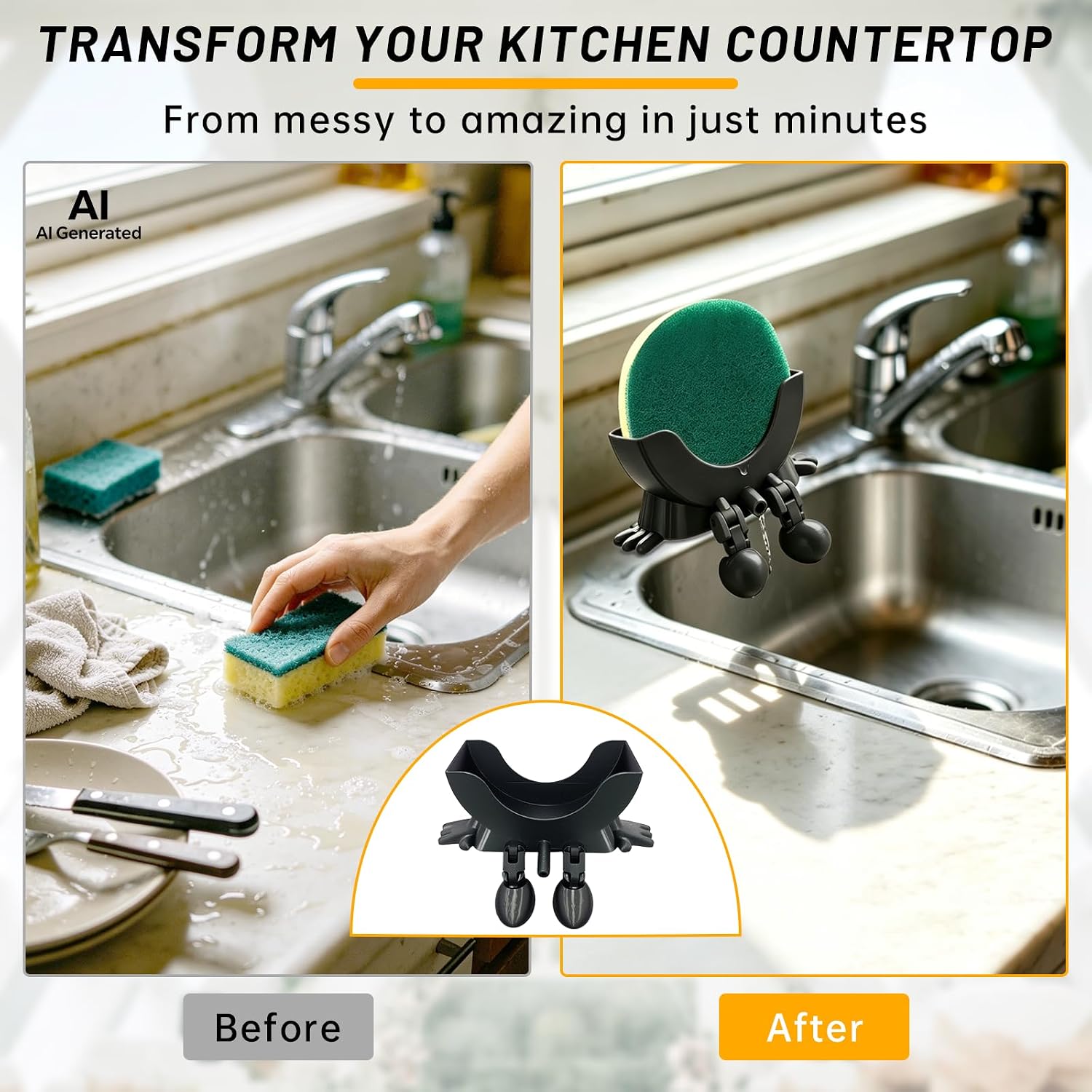 Cute Hanging Sponge Holder with Drainage, 3D Printing Countertop Funny Sponge Holders for Kitchen Sink, Keeps Your Sponge Dry & Smiling, for Scrub Daddy Holder (1, Black)