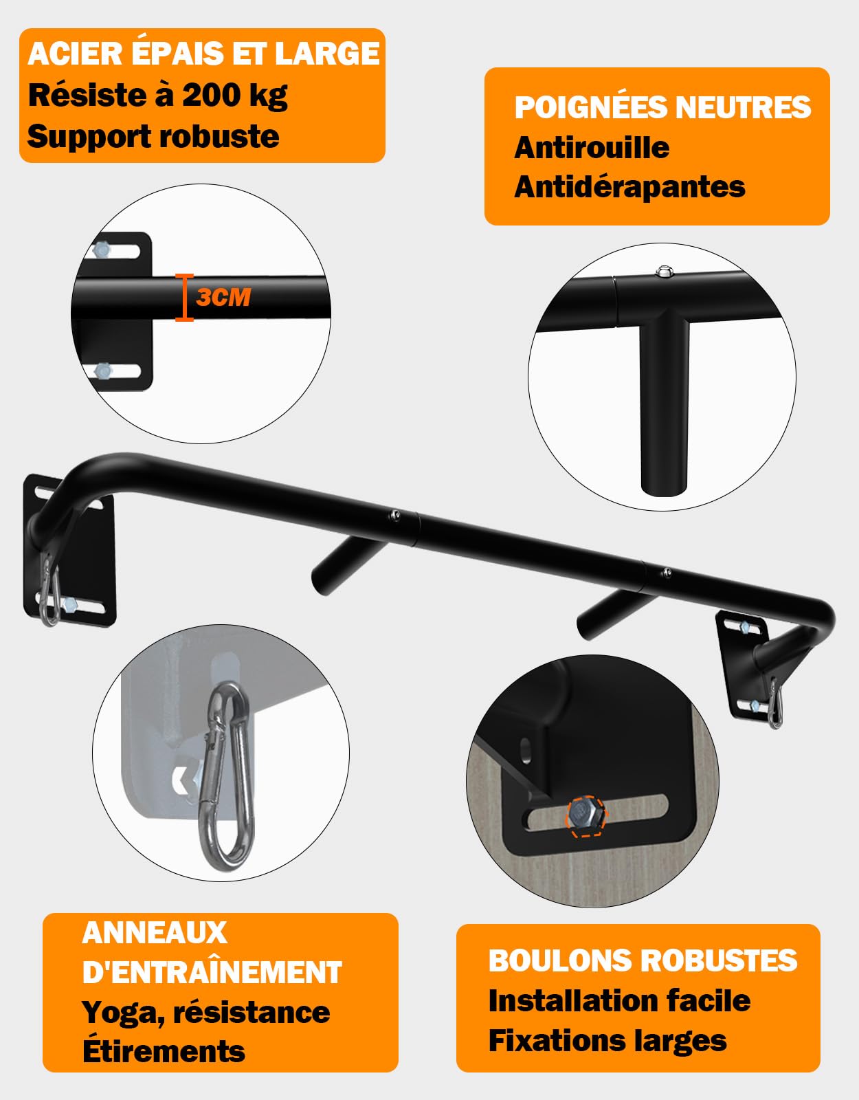 Fitarc Barre de traction murale robuste, barre de traction pour porte, construction en acier, équipement de gym pour la maison