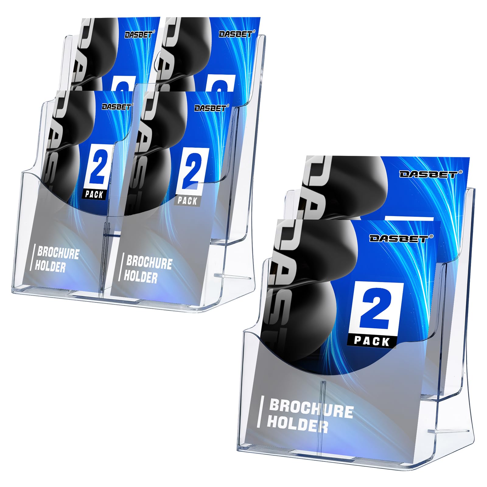 DASBET Lot de 2 supports de brochures A4 en acrylique à 2 niveaux pour bureau et support mural pour brochures A4 pour magazines, brochures, dépliants, littérature