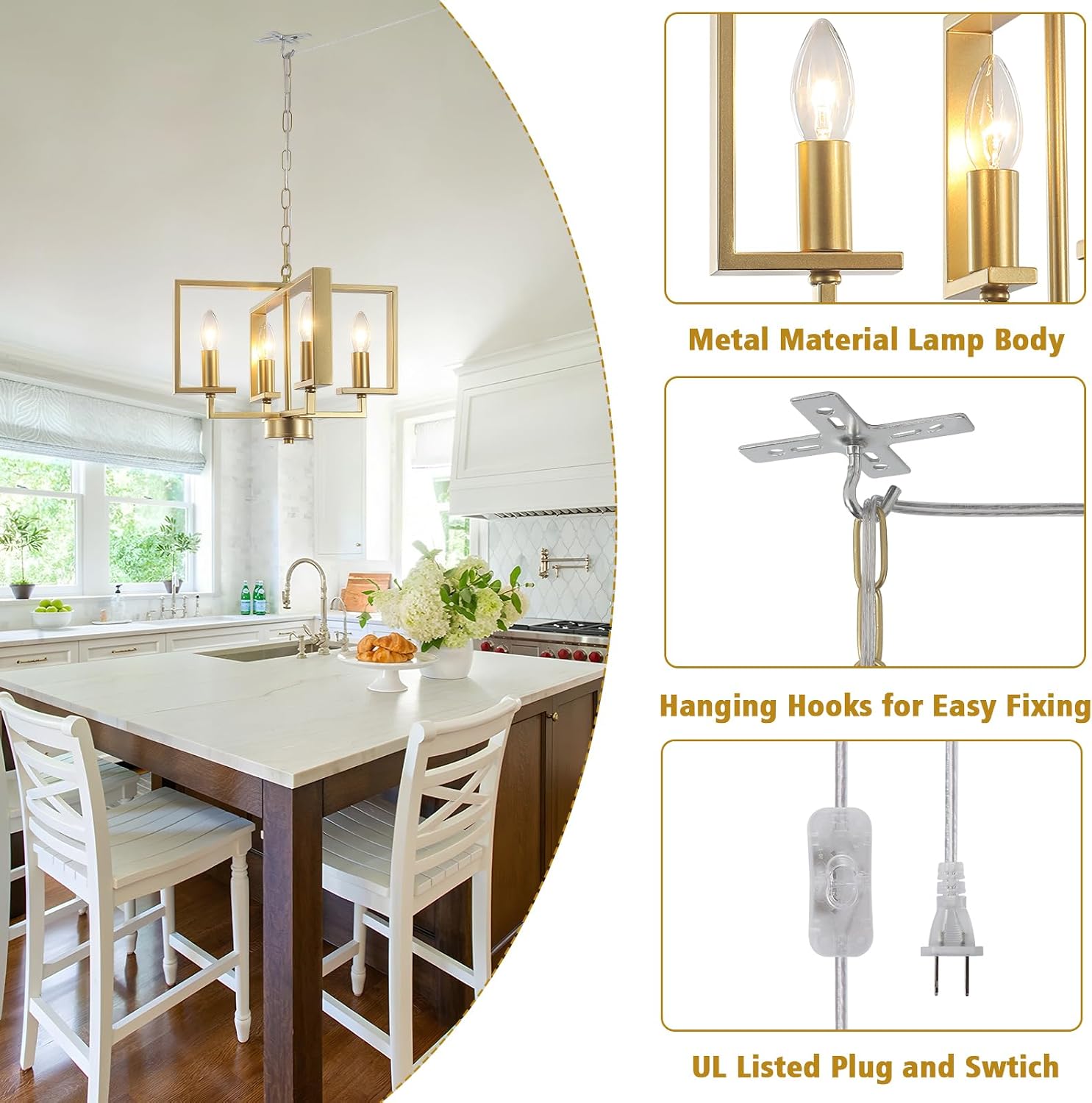 MEIJIA Hanging Lights with Plug in Cord, 4 Light Geometric Gold Plug in Chandelier with Cord 15FT & Switch, Plug in Hanging Light for Dining Room Living Room Kitchen Bedroom Gazebo