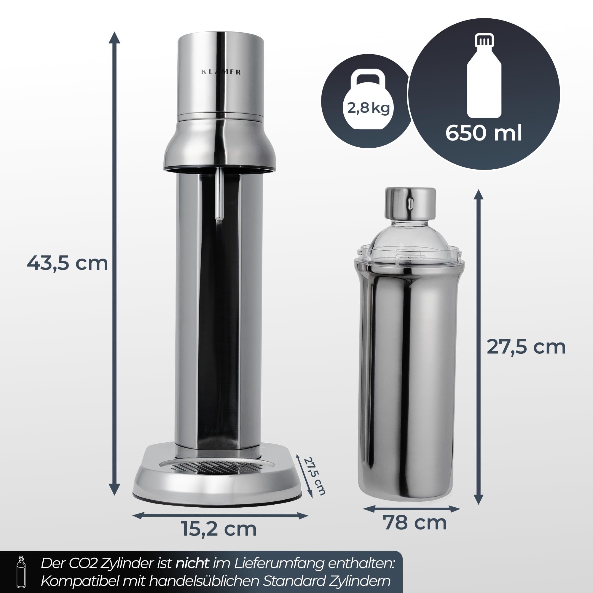 KLAMER Wassersprudler Edelstahl mit Glasflasche, 0,65 MPa Druck, One-Touch-Bedienung, Spülmaschinenfeste Glasflasche, Abtropfschale, Kompatibel mit Standard CO2 Zylinder 60mm
