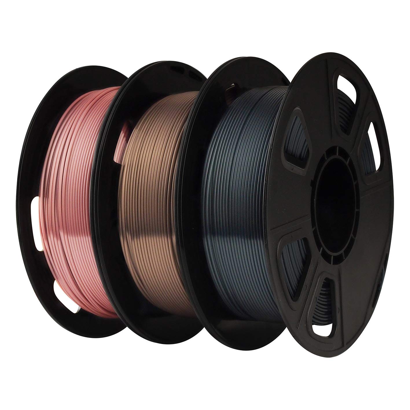 Paquete de Filamentos PLA Oro, Plata y Cobre Sedoso y Brillante, 1.75 mm. / 0.069 pulgadas, filamento de impresora 3D, cada bobina pesa 0.5 Kg, / 1.1 libras, paquete de 3 bobinas 3