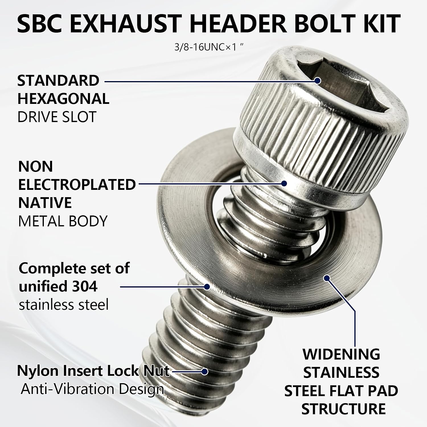 304 Stainless Steel SBC Exhaust Header Bolts Kit, 3/8-16 x 1 Inch Hex Socket Head Fasteners Compatible with Chevrolet Small Block V8 265 283 305 307 327 350 383 400, LT1 LT4 TPI TBI Vortec 5.0L 5.7L,