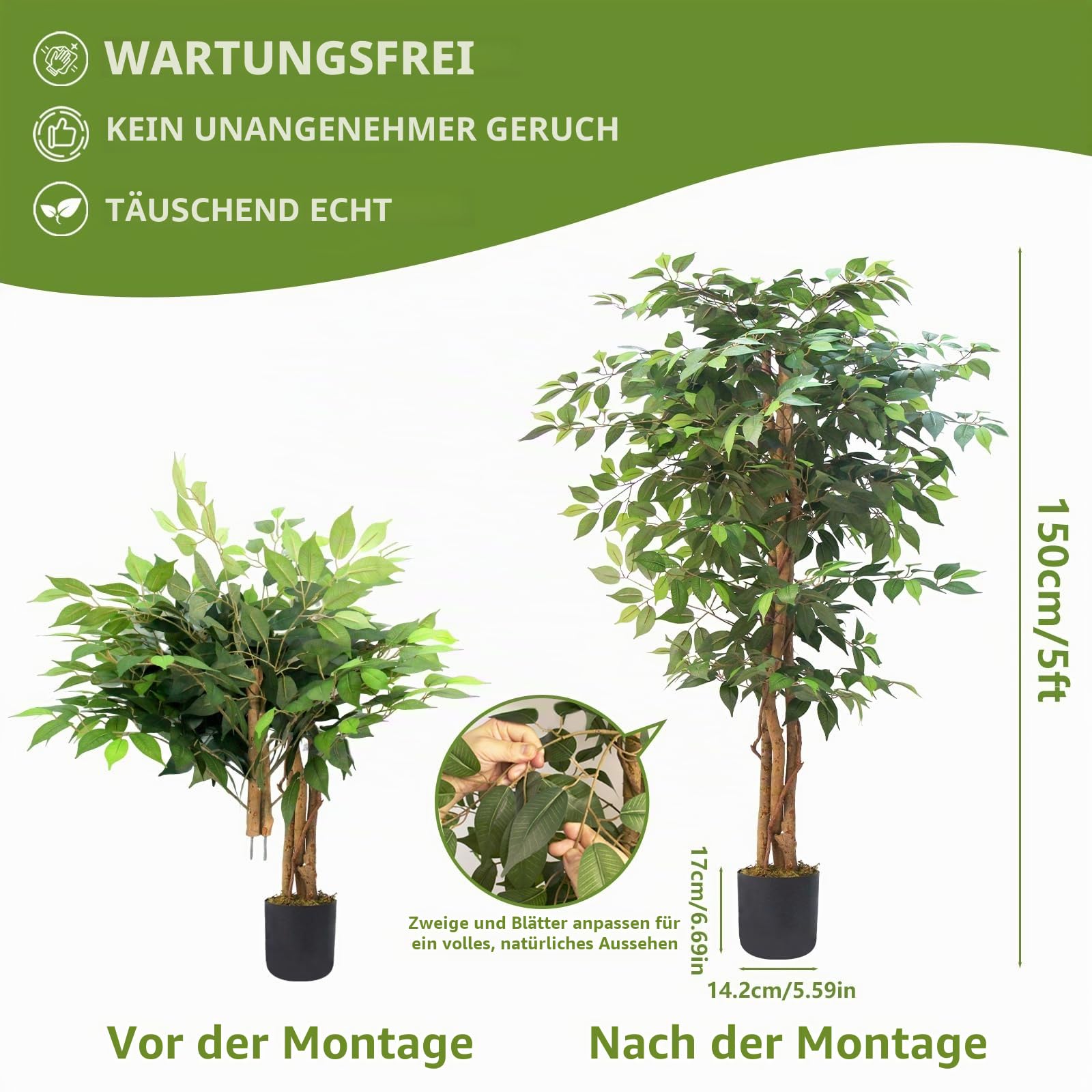 150cm Kunstbaum Ficus, Kunstpflanze Groß mit Naturholz-Stamm wie echt für Wohnzimmer, Büro, Garten, Balkon & Terrasse
