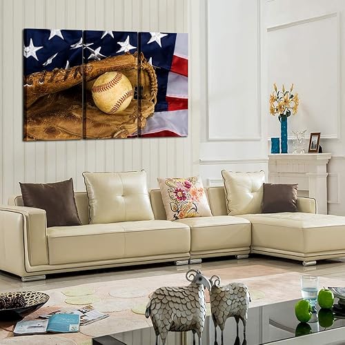 Miniatura 3 de KREATIVE ARTS - 3 impresiones en lienzo grandes para pared, póster de béisbol y bandera estadounidense, imagen deportiva impresa en lienzo, estirada